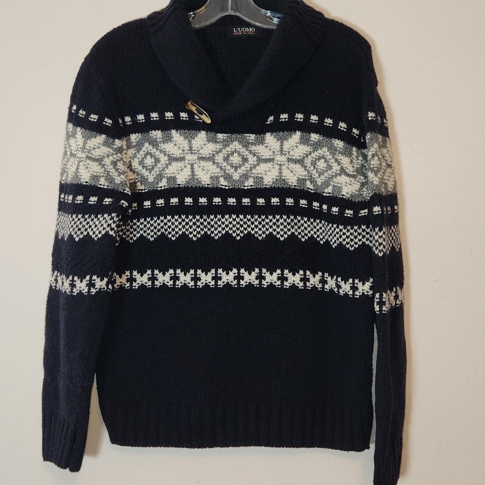 L'Uomo Dark Blue Gray White Shawl Collar Fair Isle Sweater with Nordic Sz L Men